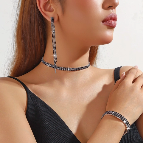 Luxury Rhinestone Necklace Bracelet And Earrings For Women Shiny Copper Jewelry Wedding Party Necklace Bracelet Earrings