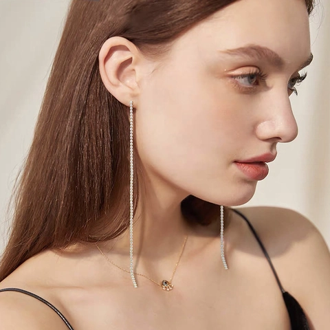 Minimalist Long Fringe Dangle Earrings For Women Luxury Alloy Sparkling Rhinestone Linear Drop Earrings Party Wedding Jewelry