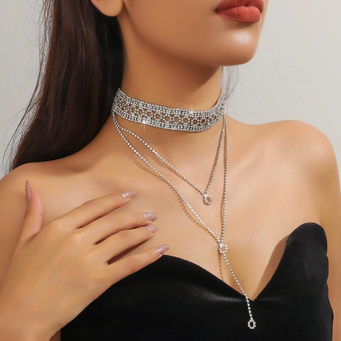 Gargantilla de Flecos de Estrás de Lujo Joyas de Cristal de Cobre Brillante para Banquete de Boda Fiesta Accesorio para Mujer