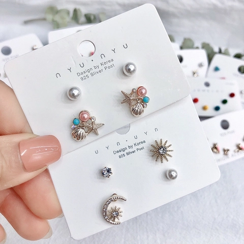 Fresh Alloy Stud Earrings Set With 925 Sterling Silver Earring Post Rhinestone Enamel Artificial Pearl Floral For Women Daily Jewelry
