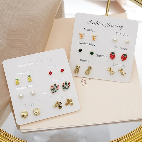 Sweet Alloy Fruit Stud Earrings 925 Sterling Silver Earring Post Pineapple Strawberry Cactus Artificial Pearl Rhinestone Women Jewelry