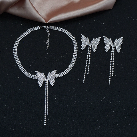 Luxury Rhinestone Butterfly Tassel Choker Necklace And Earrings Set 925 Sterling Silver Earring Post For Wedding Women