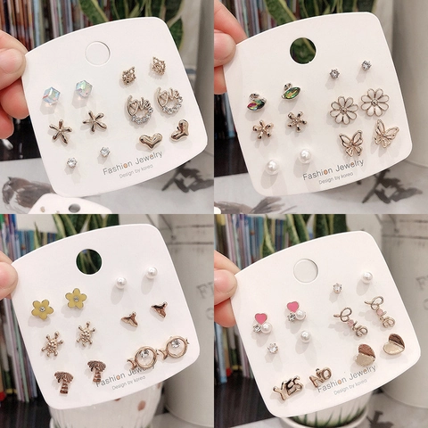 Set di 6 Paia di Orecchini in Lega Stile Coreano per Donna Dolce Cuore Farfalla Cigno Perno in Argento Sterling 925 Gioielli