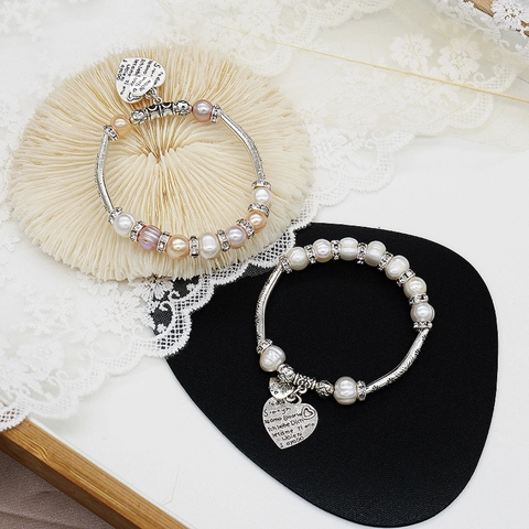 Vintage Freshwater Pearl Elastic Bracelet For Women With Alloy Rose Heart Pendant Rhinestone Spacers Heart Charms Jewelry