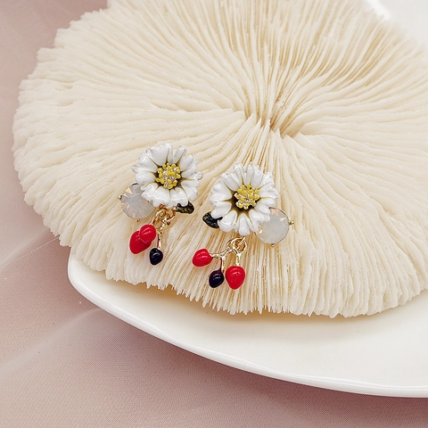 Vintage Enamel Flower Asymmetric Earrings With 925 Sterling Silver Earring Post Rhinestone Zirconia Red Fruit Tassel Jewelry