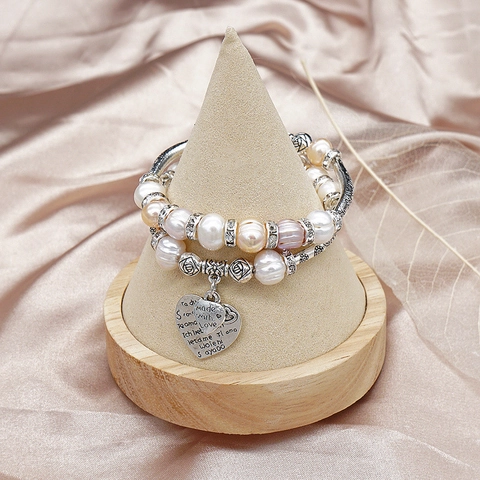 Vintage Freshwater Pearl Elastic Bracelet For Women With Alloy Rose Heart Pendant Rhinestone Spacers Heart Charms Jewelry