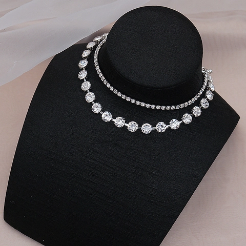 Collar Choker de Aleación de Diamantes de Imitación de Doble Capa para Mujer Colgante Tono Plata Cadena Joyería de Moda