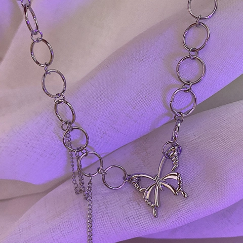 Vintage Y2K Silver Metal Butterfly Pendant Necklace For Women Star Tassel Choker Chain Fashion Jewelry Accessories