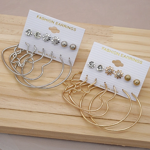 Iron Alloy Rhinestone Artificial Pearl Hoop Earrings Set For Women Heart Star Daisy C-Shape Exaggerated Fashion Jewelry Earrings
