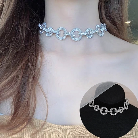Gargantilla Choker de Aleación Plateada con Diamantes de Imitación para Mujer Collar Geométrico de Círculos Entrelazados Joyas