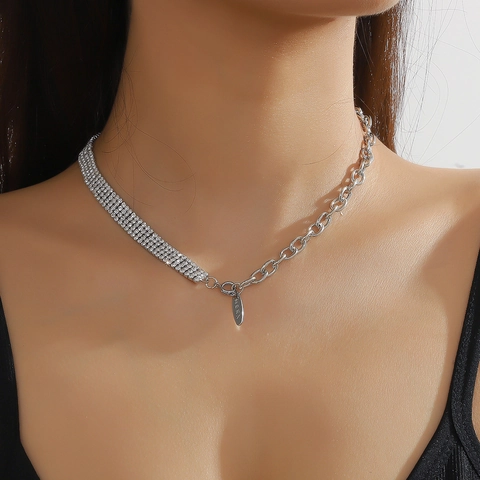 Collar Choker de Patchwork de Cadena de Strass Europeo Americano para Mujer Cadena de Clavícula de Joyería de Moda de Cobre Asimétrico