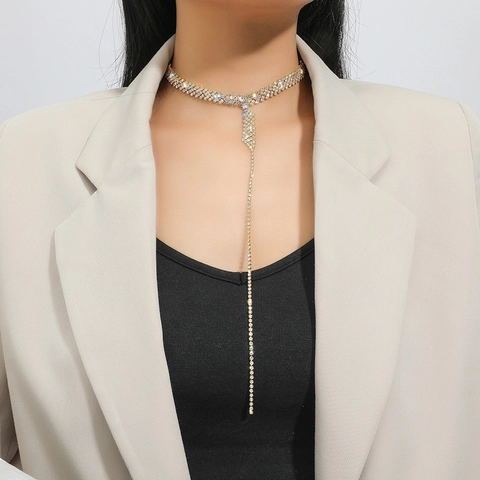 Exquisite Alloy Rhinestone Choker Necklace For Women Elegant Long Tassel Y-Shaped Pendant Necklace Wedding Fashion Jewelry