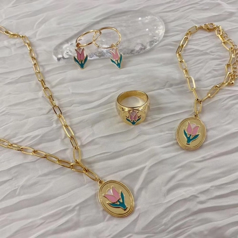 Vintage Alloy Tulip Jewelry Set With 925 Sterling Silver Earring Post Pink Enamel Flower Necklace Ring Bracelet Earrings