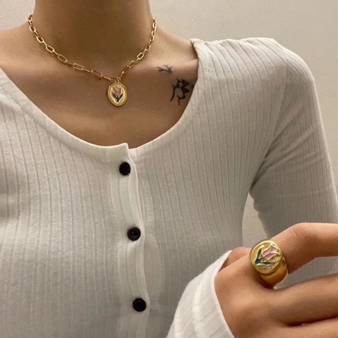 Vintage Alloy Tulip Jewelry Set With 925 Sterling Silver Earring Post Pink Enamel Flower Necklace Ring Bracelet Earrings