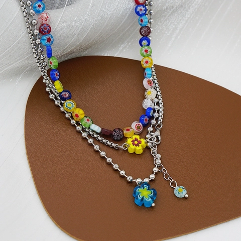 Collar en Capas Vintage Y2K para Mujer Colgantes de Flores de Vidrio Millefiori Con Cadena de Cuentas de Cobre Plateado Joyería