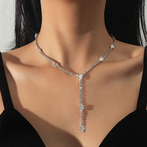 Exquisito Collar Lariat en Y de Cobre con Zircón de Gota de Agua Cadena de Clavícula con Strass para Mujer Joyería de Boda Fiesta