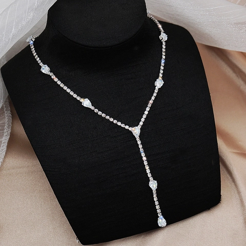 Exquisito Collar Lariat en Y de Cobre con Zircón de Gota de Agua Cadena de Clavícula con Strass para Mujer Joyería de Boda Fiesta