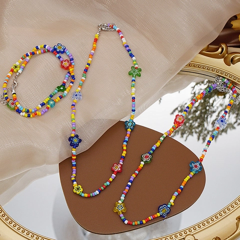 Juego de Collar y Pulsera de Cuentas de Vidrio Soplado Flores Cuentas de Semilla Coloridas Gargantilla Bohemia para Mujer Joyería Regalo