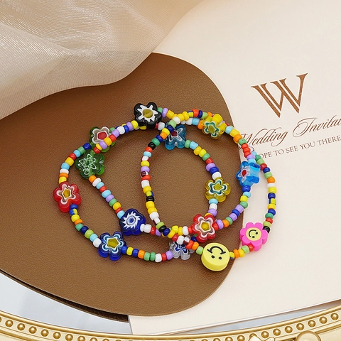 Juego de Collar y Pulsera de Cuentas de Vidrio Soplado Flores Cuentas de Semilla Coloridas Gargantilla Bohemia para Mujer Joyería Regalo