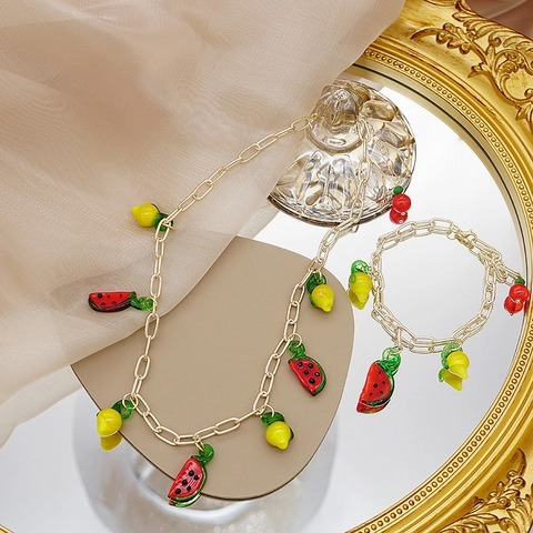 Collar Pulsera de Cadena Gruesa Con Dije de Fruta para Mujer Verano Sandía Limón Cereza Colgante de Aleación Accesorio de Moda