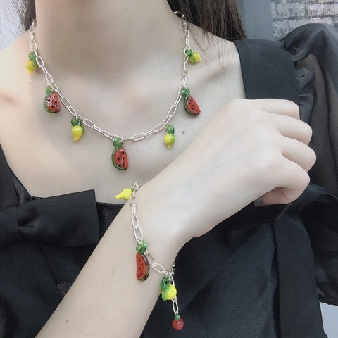 Collar Pulsera de Cadena Gruesa Con Dije de Fruta para Mujer Verano Sandía Limón Cereza Colgante de Aleación Accesorio de Moda