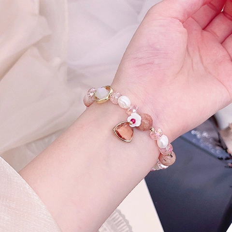 Handmade Natural Rose Quartz Aquamarine Freshwater Pearl Bracelet For Women Gold Plated Flower Star Pendant Crystal Jewelry