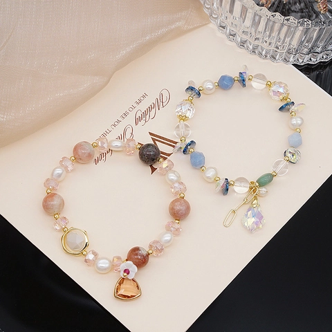 Handmade Natural Rose Quartz Aquamarine Freshwater Pearl Bracelet For Women Gold Plated Flower Star Pendant Crystal Jewelry