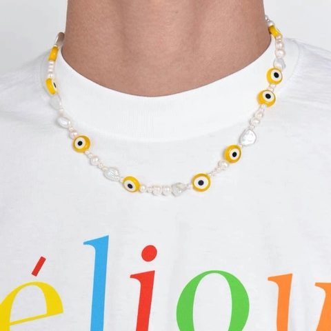Collar de Cuentas de Vidrio Soplado Ojo del Diablo y Perla de Agua Dulce Barroca para Hombres Mujeres Cierre de Cobre Chapado en Oro