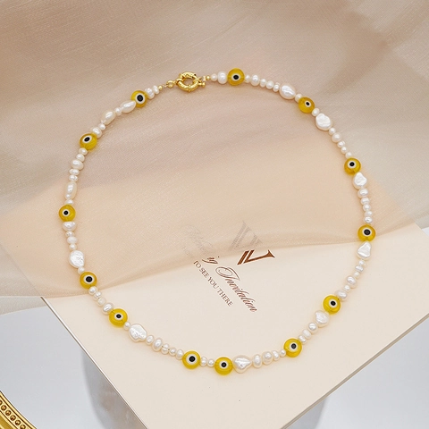 Collar de Cuentas de Vidrio Soplado Ojo del Diablo y Perla de Agua Dulce Barroca para Hombres Mujeres Cierre de Cobre Chapado en Oro