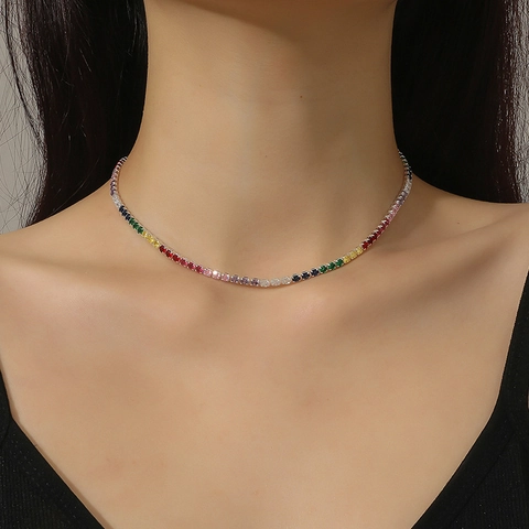 Collar de Tenis de Circonia Arcoíris para Mujer Multicolor Aleación Galvanizada Cadena de Clavícula Joyería de Fiesta