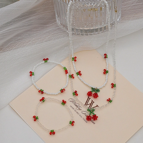 Handmade Beaded Cherry Pendant Necklace Bracelet for Women Korean Style Fashion Crystal Jewelry Pastoral Fruit Necklaces