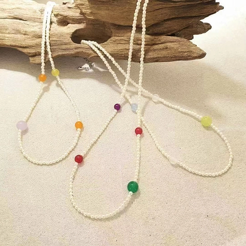 Collar de Perlas Artificiales Retro con Ágata de Colores para Mujer Estilo Dopamina de Verano Cadena de Clavícula Joyería de Moda