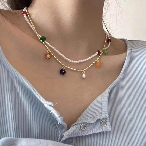 Collar de Perlas Artificiales Retro con Ágata de Colores para Mujer Estilo Dopamina de Verano Cadena de Clavícula Joyería de Moda