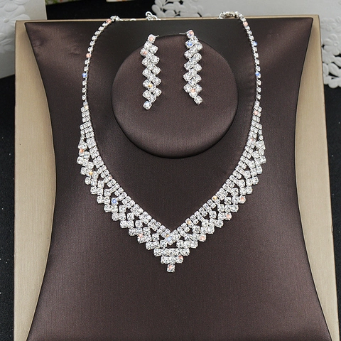 Luxury Alloy Rhinestone V-Shape Necklace Dangle Earrings Set For Women Silver Plated Wedding Formal Banquet Party Jewelry Accessory Gift