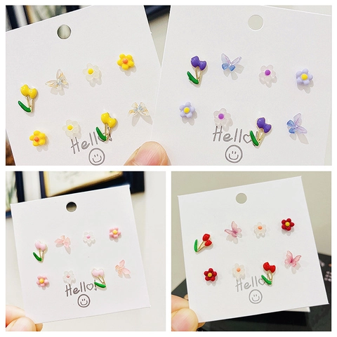 Sweet Alloy Resin Butterfly Flower Tulip Stud Earrings Set With 925 Sterling Silver Earring Post For Women Daily Jewelry