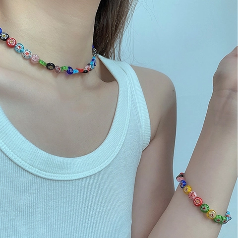 Colorful Millefiori Lampwork Glass Beaded Necklace Flower Pattern Bohemian Handmade Bracelet Jewelry For Women Summer Vacation