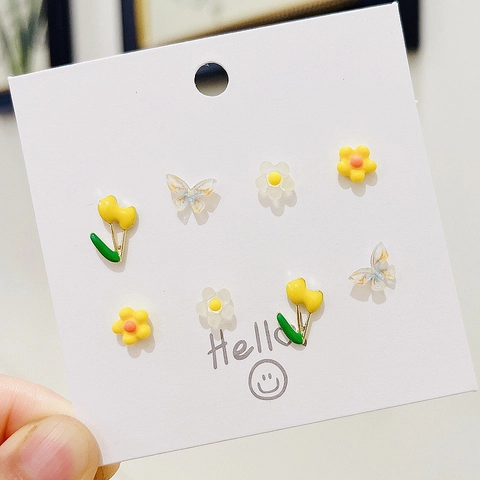 Sweet Alloy Resin Butterfly Flower Tulip Stud Earrings Set With 925 Sterling Silver Earring Post For Women Daily Jewelry