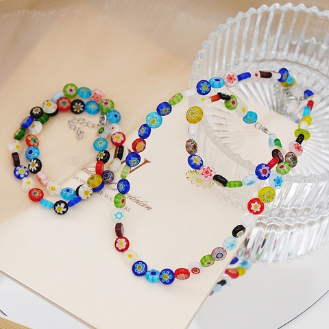 Colorful Millefiori Lampwork Glass Beaded Necklace Flower Pattern Bohemian Handmade Bracelet Jewelry For Women Summer Vacation