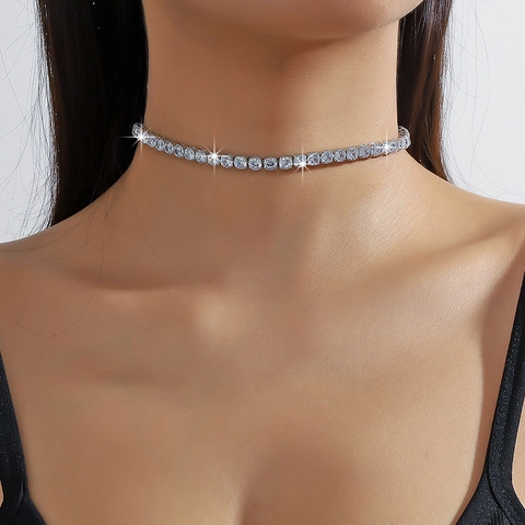 Collar de Tenis de Circonia de Cobre de Moda Corte Cuadrado Cadena de Clavícula Brillante Gargantilla para Mujeres Accesorio de Cuello de Lujo
