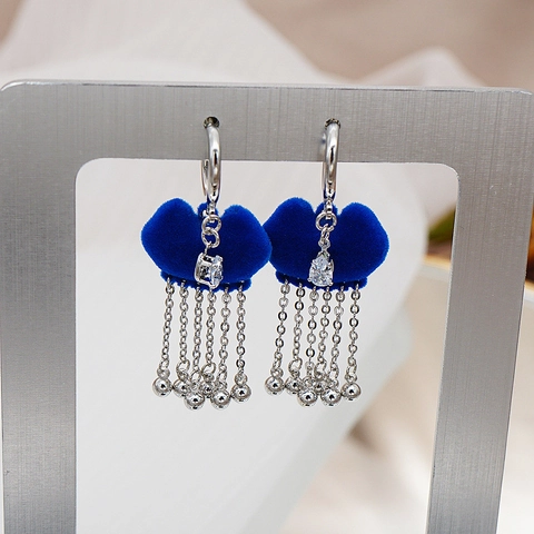 Vintage Chinese Style Flocking Safety Lock Tassel Drop Earrings With 925 Sterling Silver Earring Post Red Blue Green Zirconia