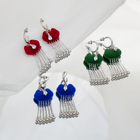 Vintage Chinese Style Flocking Safety Lock Tassel Drop Earrings With 925 Sterling Silver Earring Post Red Blue Green Zirconia