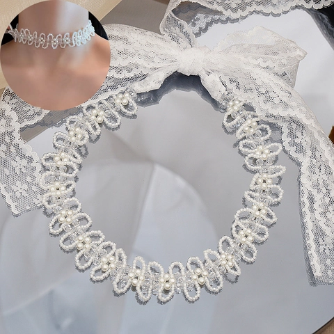 Banda para el Cabello de Perla Artificial Hecha a Mano Estrás Encaje Collar Doble Uso Lazo Choker para Mujeres Boda Fiesta Accesorios Cabello