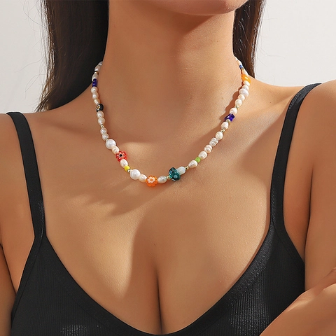 Handmade Freshwater Pearl Necklace For Women Colorful Glass Flower Mushroom Pendant Beaded Clavicle Chain Jewelry