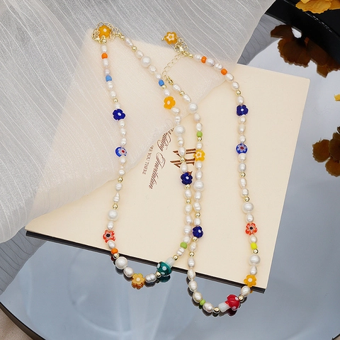 Handmade Freshwater Pearl Necklace For Women Colorful Glass Flower Mushroom Pendant Beaded Clavicle Chain Jewelry
