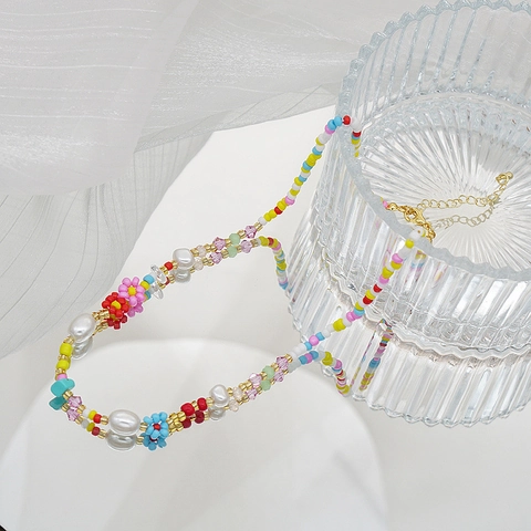 Collar de Cuentas Coloridas Hecho a Mano con Flores para Mujer Bohemio Perla Artificial de Imitación Cristal Cuenta de Vidrio Choker Cadena Cobre
