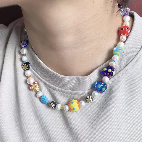 Collar Gargantilla Hecho a Mano de Perlas de Agua Dulce y Vidrio Millefiori para Mujer Joyería Retro de Cuentas de Colores