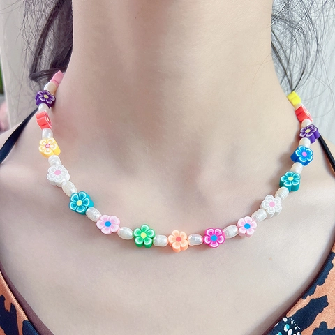 Collar de Cuentas de Flores de Arcilla Polimérica Colorida para Mujer Perla de Agua Dulce Cadena de Cobre Joyería Y2K