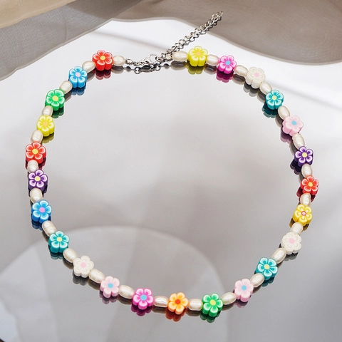 Collar de Cuentas de Flores de Arcilla Polimérica Colorida para Mujer Perla de Agua Dulce Cadena de Cobre Joyería Y2K