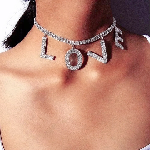 Collar Choker de Aleación con Diamantes de Imitación Letra LOVE Brillante Doble Fila Colgante de Cristal para Mujer Joyería