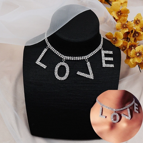 Collar Choker de Aleación con Diamantes de Imitación Letra LOVE Brillante Doble Fila Colgante de Cristal para Mujer Joyería
